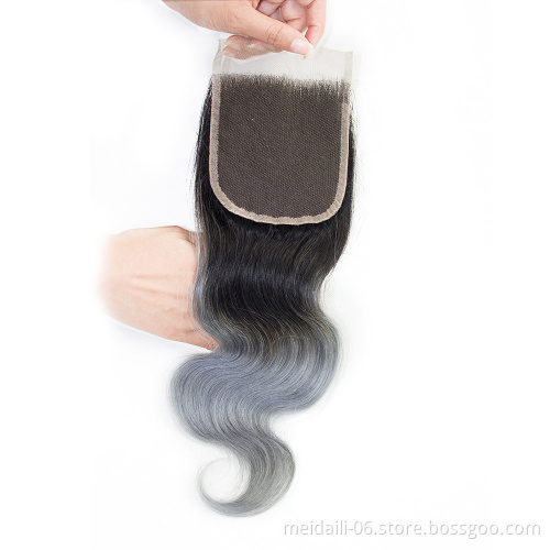 4x4 lace closure 1b/grey ombre color body wave human hair closure virgin brazilian 4*4 lace closure